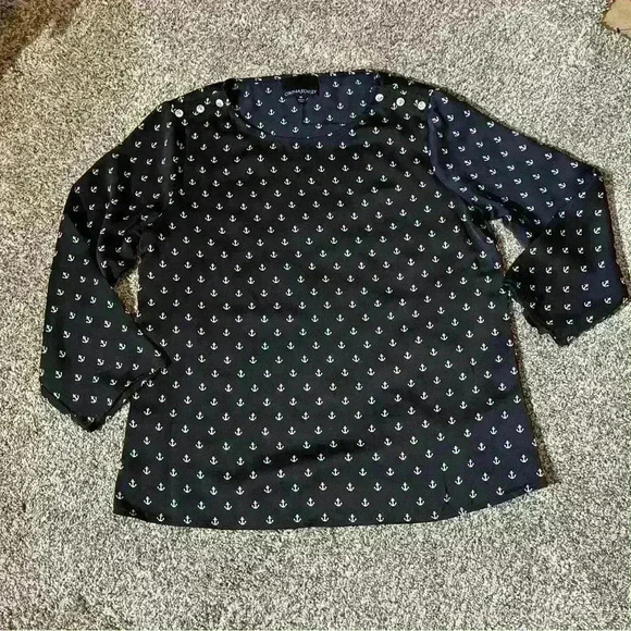 Cynthia Rowley M Anchor Print Blouse Button Shoulder Long Sleeve Top - Picture 1 of 10